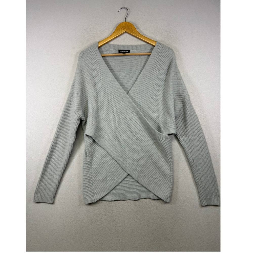 Cozy Balletcore Express Women Large Gray Ribbed Surplice Wrap Front Knit Sweater